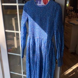 GANNI Smocked Cotton Maxi Dress In Blue size 36